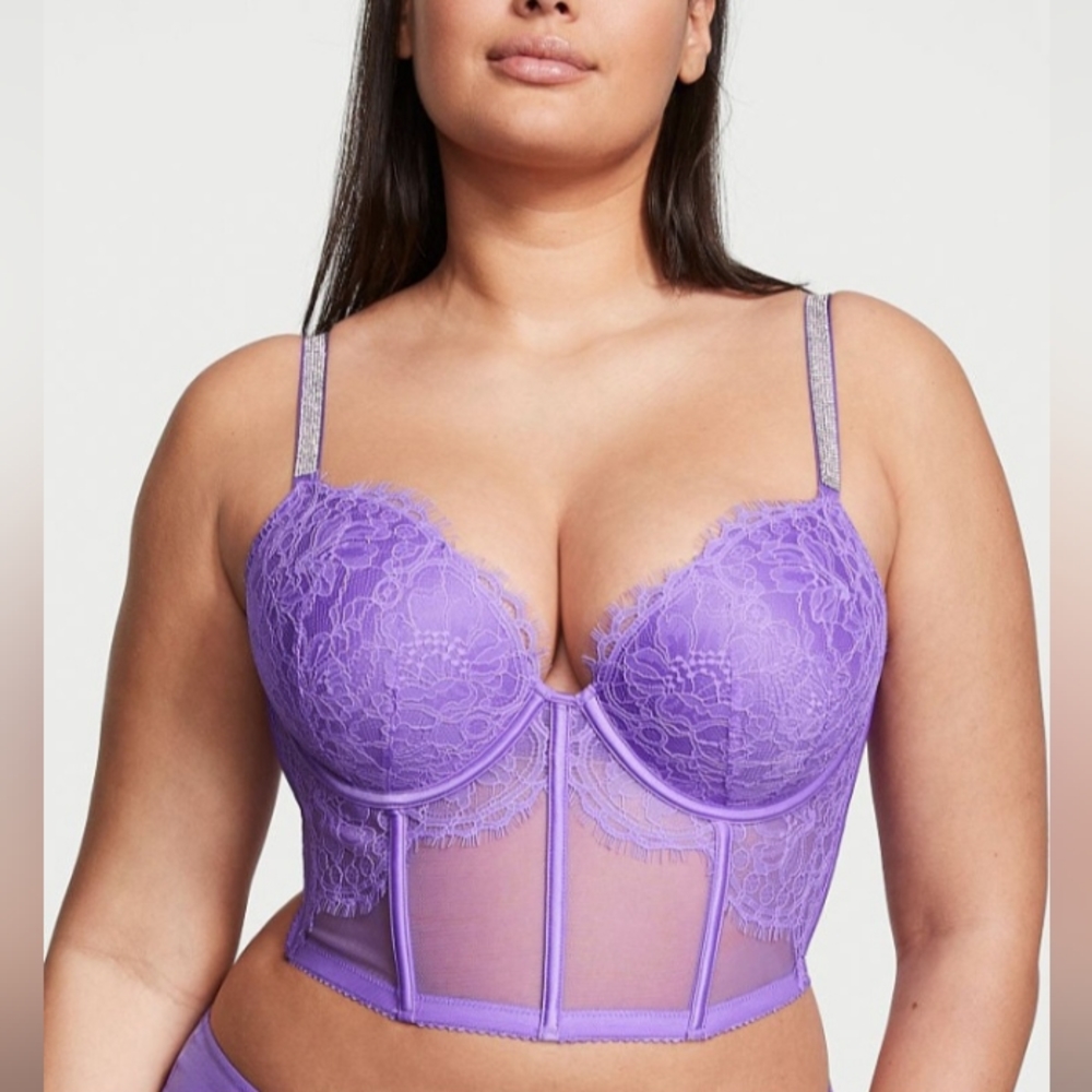 NWT Victoria's Secret Purple Push Up Bling Rhinestone Corset Bustier Bra Top 38D